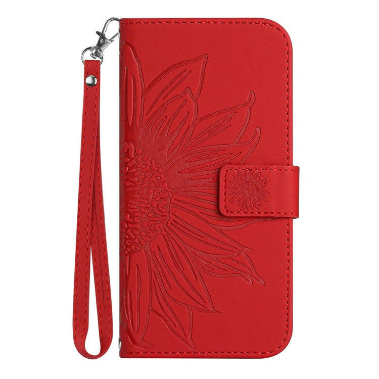 For Motorola Moto G 5G (2025) Case Sunflower Imprint Leather Wallet Phone Cover with Wrist Strap - Red