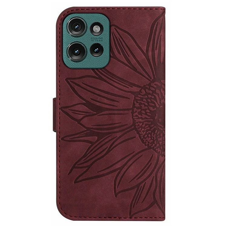 For Motorola Moto G 5G (2025) Case Sunflower Imprint Leather Wallet Phone Cover with Wrist Strap - Wine Red
