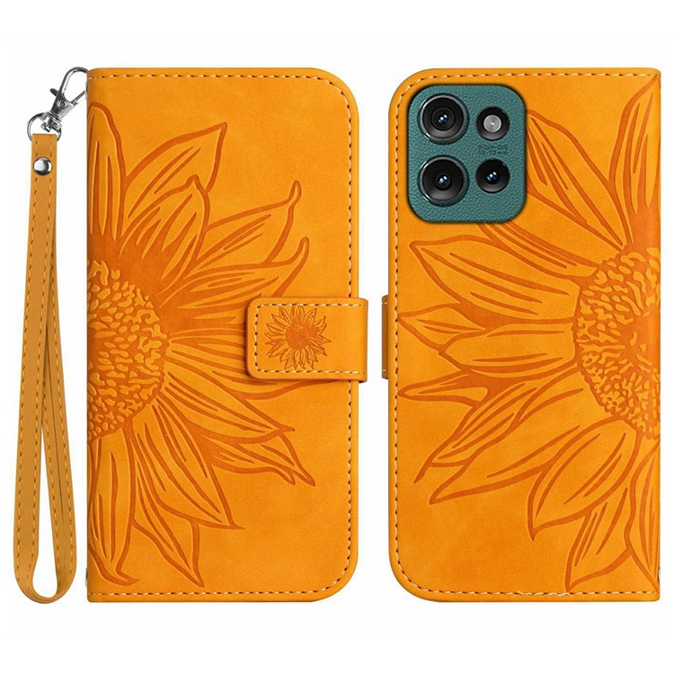 For Motorola Moto G 5G (2025) Case Sunflower Imprint Leather Wallet Phone Cover with Wrist Strap - Yellow