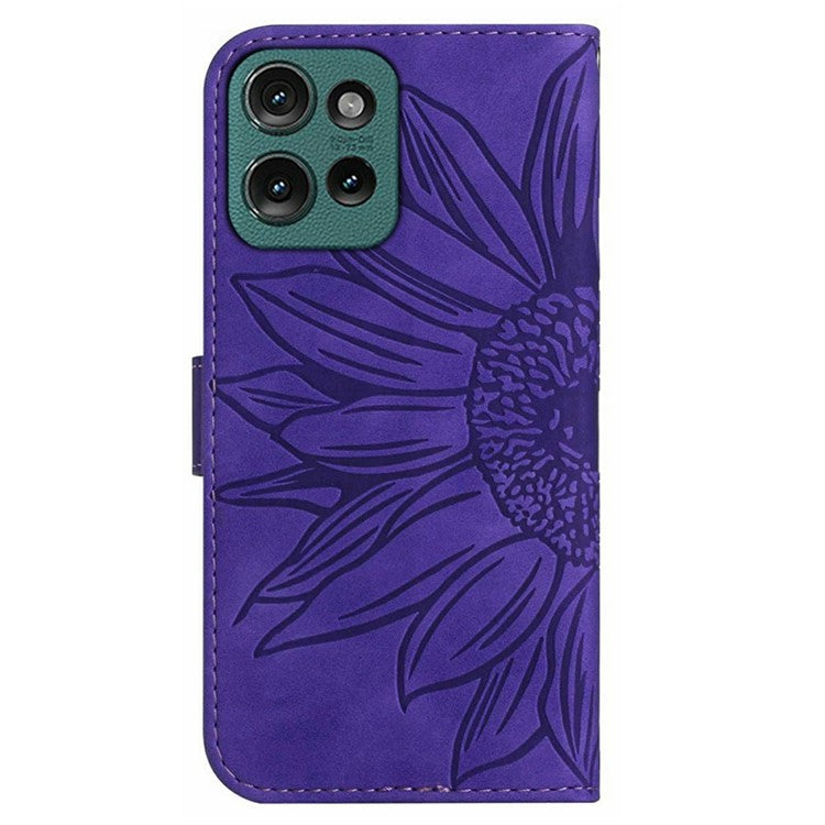 For Motorola Moto G 5G (2025) Case Sunflower Imprint Leather Wallet Phone Cover with Wrist Strap - Dark Purple