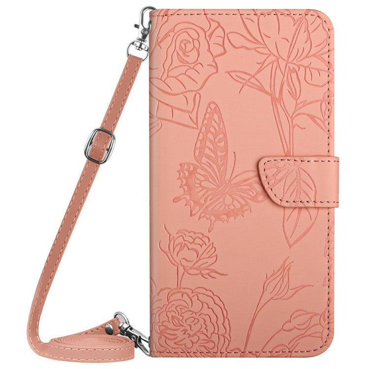 For Motorola Moto G 5G (2025) Case Butterfly Flower Imprint Leather Phone Cover with Shoulder Strap - Pink