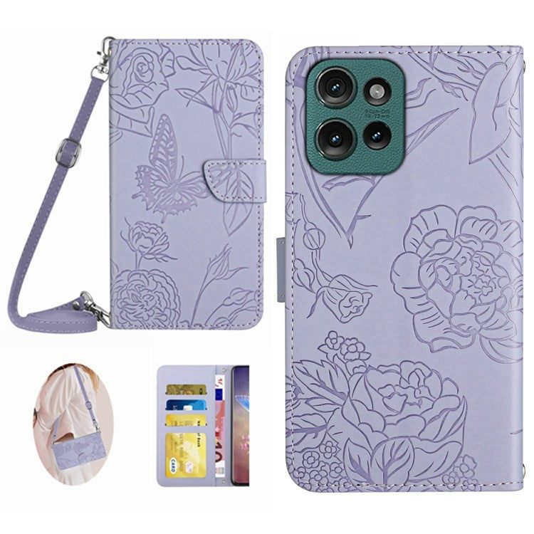 For Motorola Moto G 5G (2025) Case Butterfly Flower Imprint Leather Phone Cover with Shoulder Strap - Purple