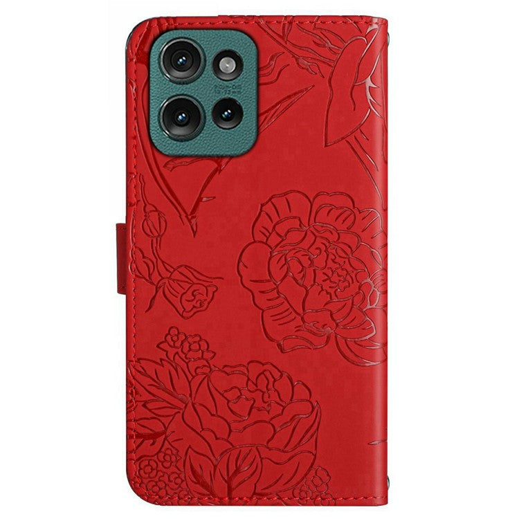 For Motorola Moto G 5G (2025) Case Leather Phone Cover with Strap, Butterfly Flower Imprint - Red
