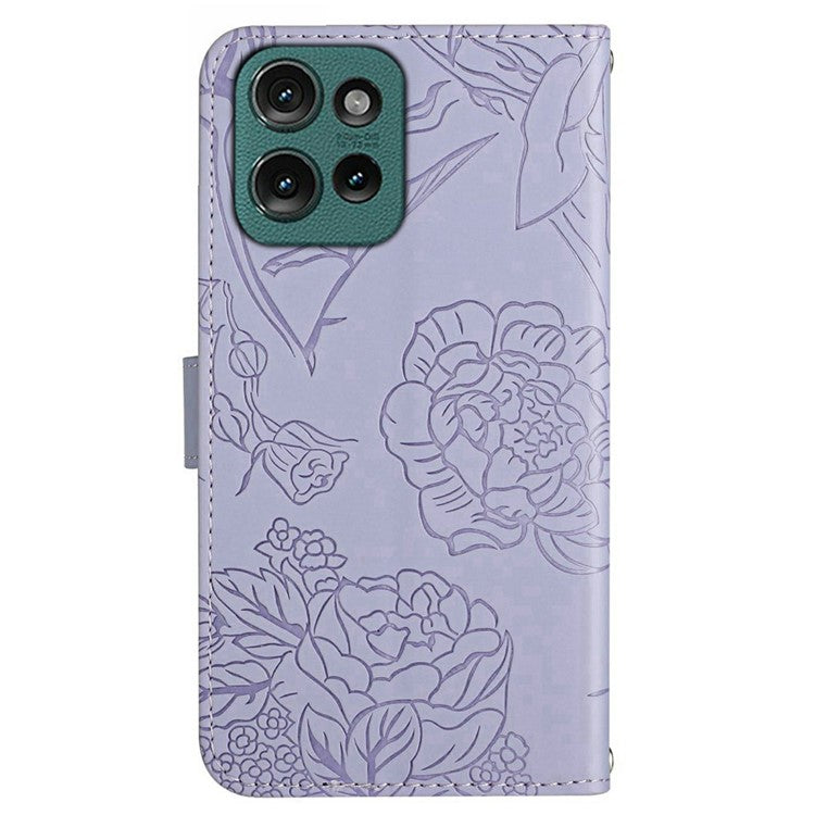 For Motorola Moto G 5G (2025) Case Leather Phone Cover with Strap, Butterfly Flower Imprint - Purple