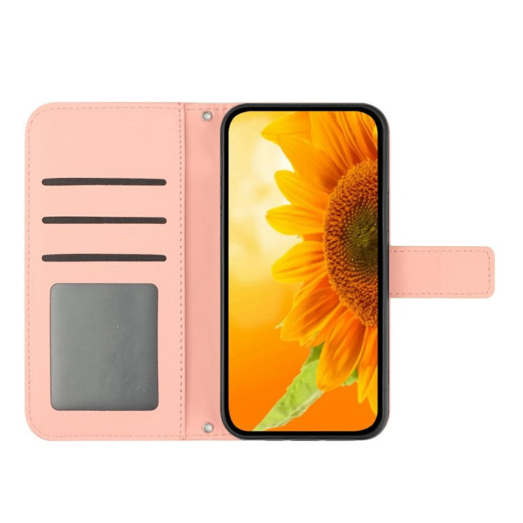 For Motorola Moto G Play (2025) 4G / G Power (2025) Case Sunflower Imprint PU Leather Phone Cover with Long Strap - Pink