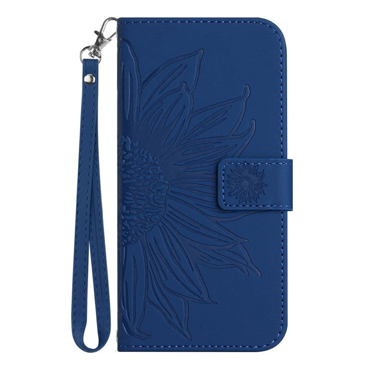 For Motorola Moto G Play (2025) 4G / G Power (2025) Case Sunflower Imprint Leather Wallet Phone Cover with Wrist Strap - Sapphire