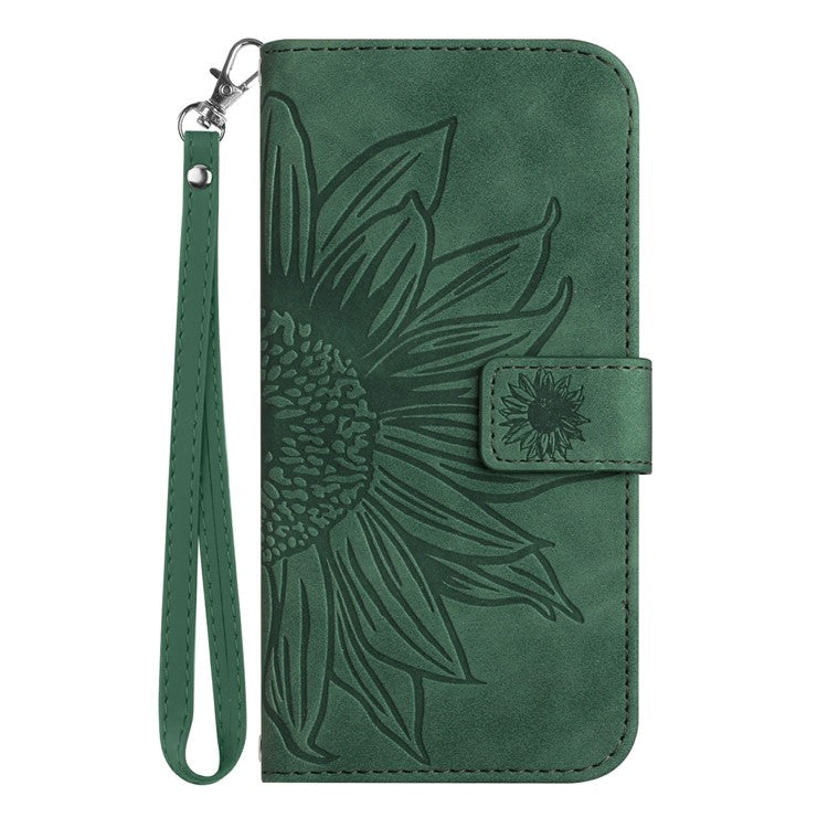 For Motorola Moto G Play (2025) 4G / G Power (2025) Case Sunflower Imprint Leather Wallet Phone Cover with Wrist Strap - Blackish Green
