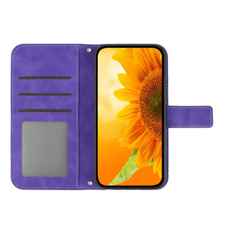 For Motorola Moto G Play (2025) 4G / G Power (2025) Case Sunflower Imprint Leather Wallet Phone Cover with Wrist Strap - Dark Purple