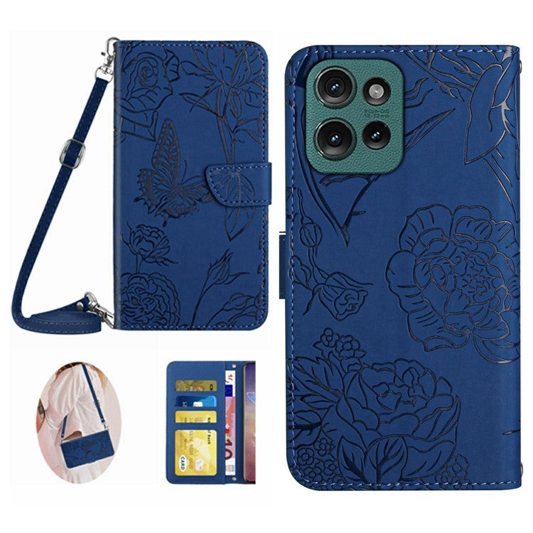 For Motorola Moto G Play (2025) 4G / G Power (2025) Case Butterfly Flower Imprint Leather Phone Cover with Shoulder Strap - Blue