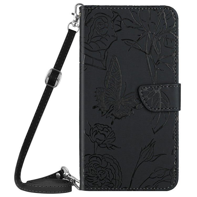 For Motorola Moto G Play (2025) 4G / G Power (2025) Case Butterfly Flower Imprint Leather Phone Cover with Shoulder Strap - Black