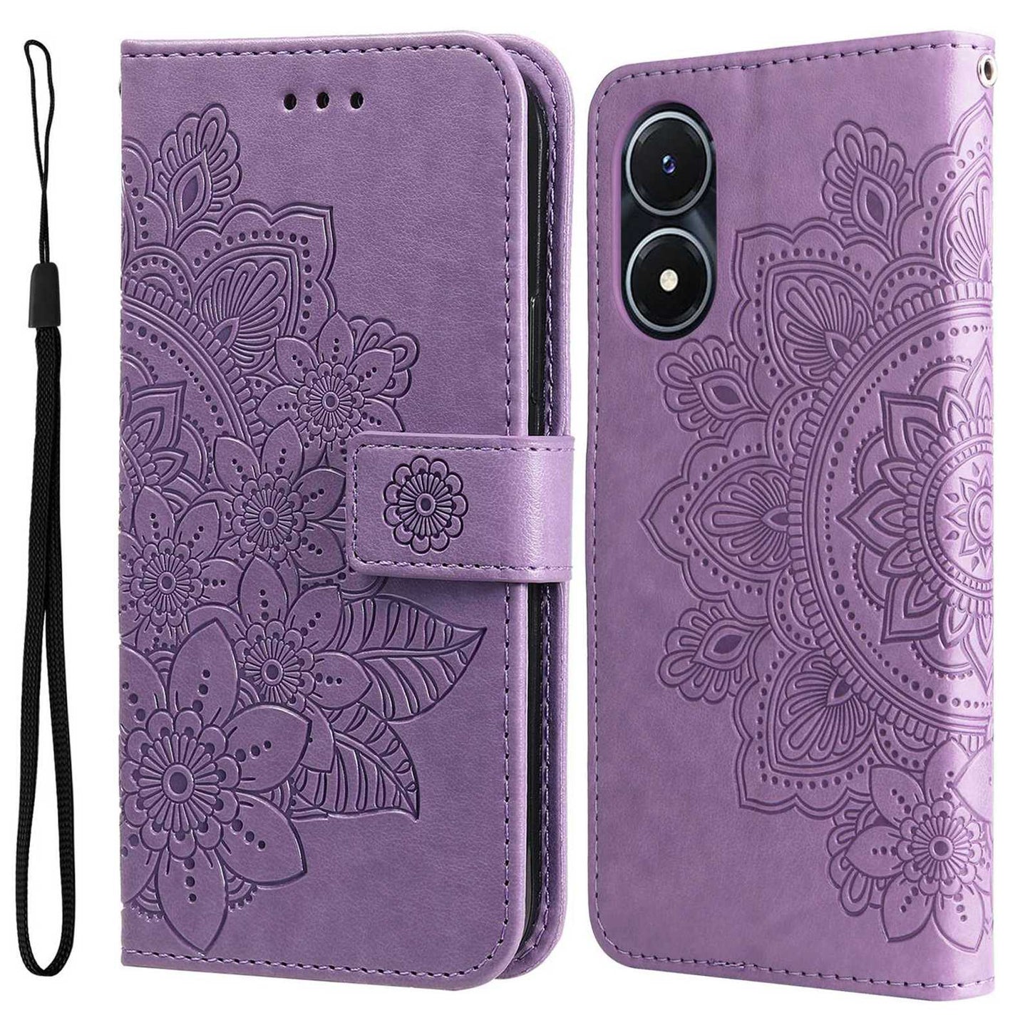 For vivo Y02s 4G / Y16 4G Flower Imprinting Scratch Proof PU Leather Phone Protective Case Flip Stand Wallet Cover with Strap - Purple