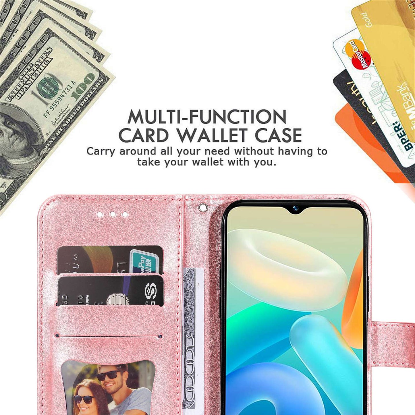 For vivo Y02s 4G / Y16 4G Flower Imprinting Scratch Proof PU Leather Phone Protective Case Flip Stand Wallet Cover with Strap - Rose Gold