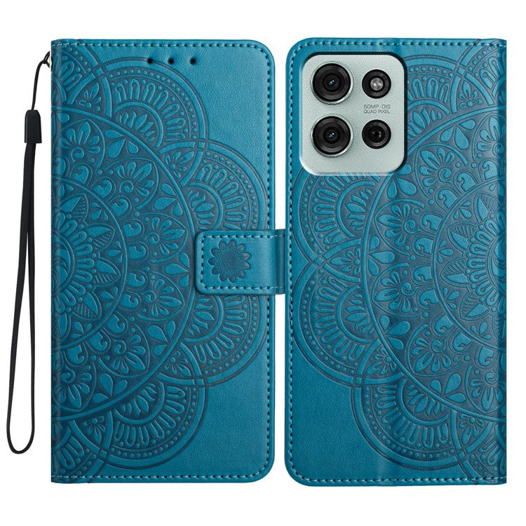 For Motorola Moto G75 5G Leather Case with Card Slots Mandala Pattern Phone Cover Stand - Blue