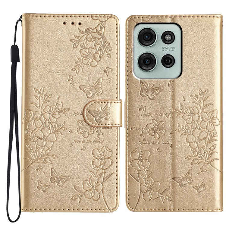 For Motorola Moto G75 5G Wallet Phone Case Butterfly Floral Imprint Leather Flip Cover - Gold