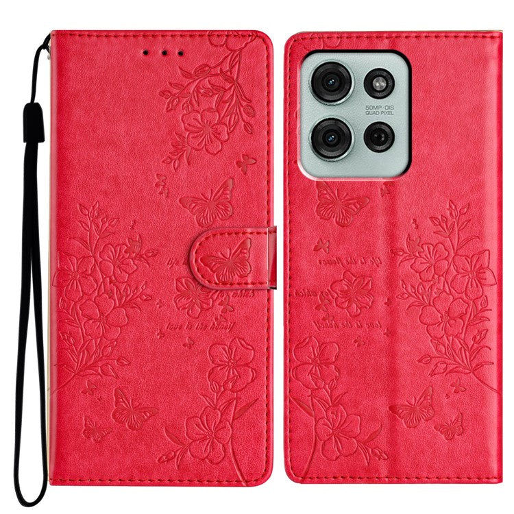 For Motorola Moto G75 5G Wallet Phone Case Butterfly Floral Imprint Leather Flip Cover - Red
