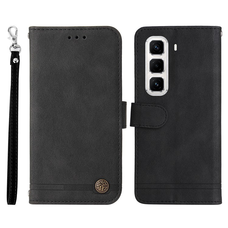 For Infinix Hot 50 Pro+ 4G Wallet Case Skin Touch Leather Phone Cover Tree Pattern Hardware - Black