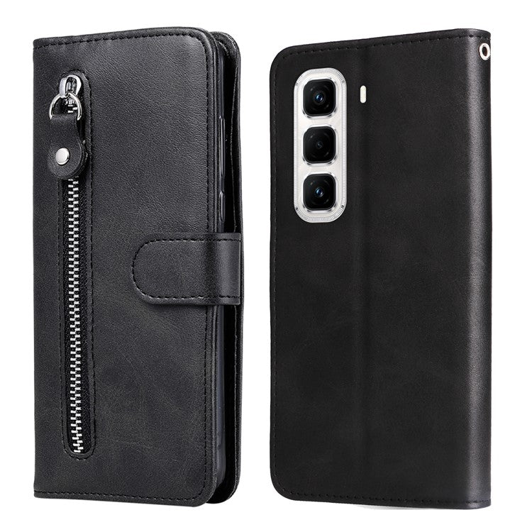 For Infinix Hot 50 Pro+ 4G Case Zipper Wallet Calf Texture PU Leather Phone Cover - Black