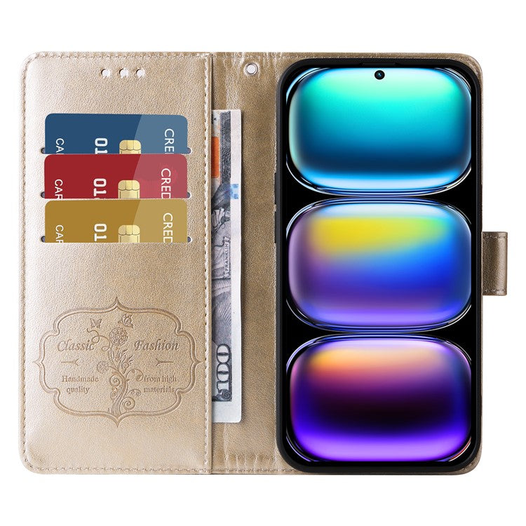 For Infinix Hot 50 Pro+ 4G Leather Case Butterfly Floral Imprint Wallet Stand Cover - Gold