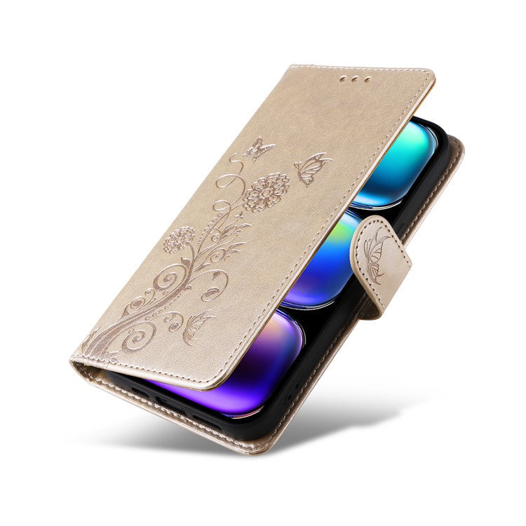 For Infinix Hot 50 Pro+ 4G Leather Case Butterfly Floral Imprint Wallet Stand Cover - Gold