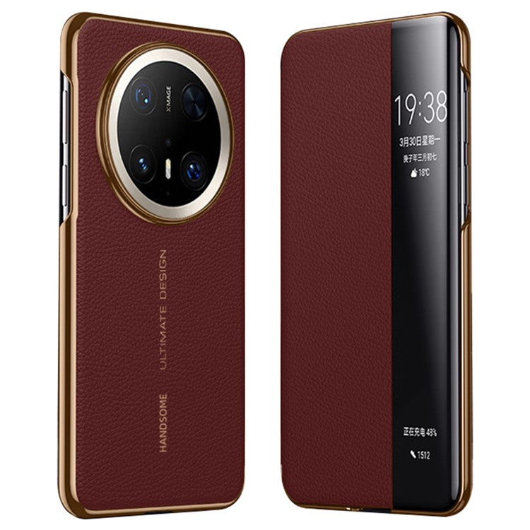 For Huawei Mate 70 Pro+ / Mate 70 Pro Case Genuine Cow Leather View Window Smart Phone Cover - Red