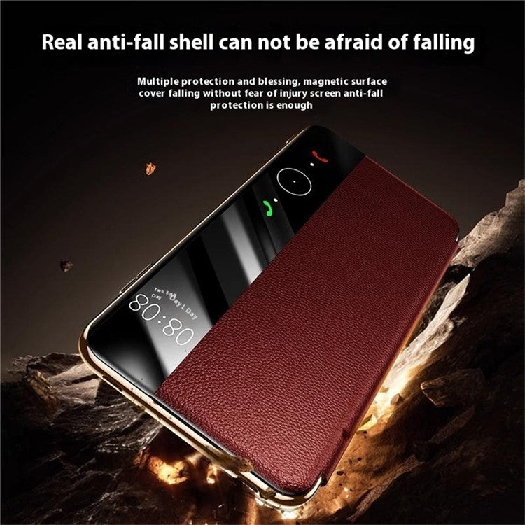 For Huawei Mate 70 Pro+ / Mate 70 Pro Case Genuine Cow Leather View Window Smart Phone Cover - Red