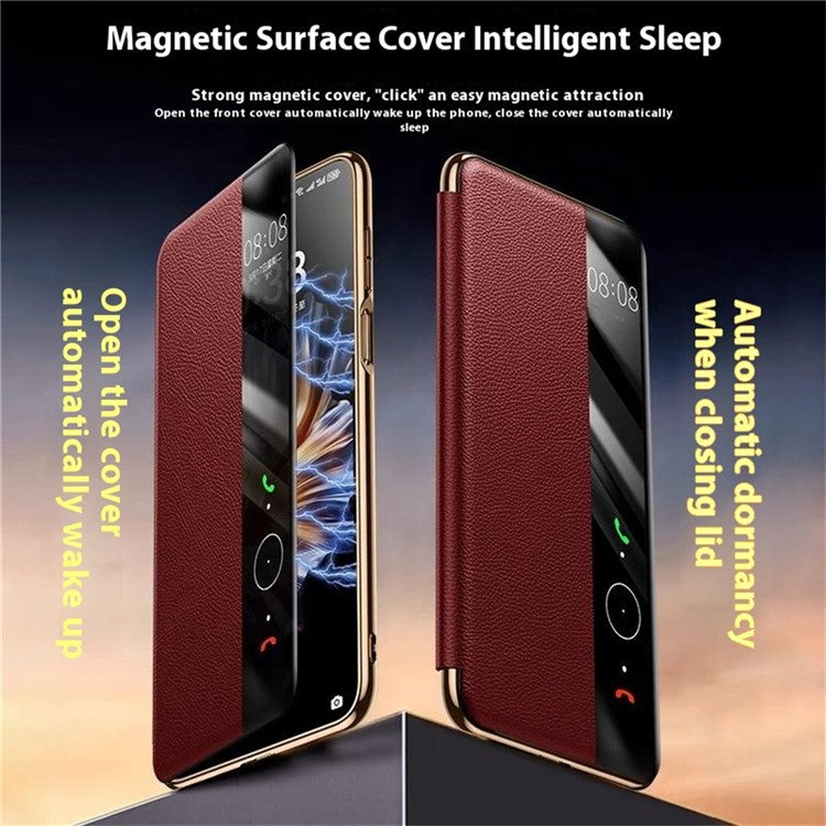 For Huawei Mate 70 Pro+ / Mate 70 Pro Case Genuine Cow Leather View Window Smart Phone Cover - Red