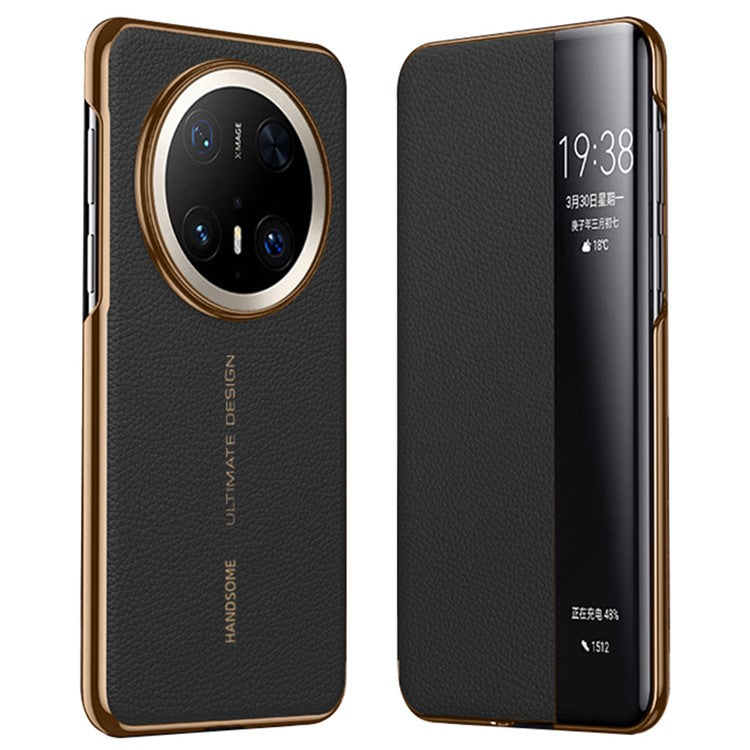 For Huawei Mate 70 Pro+ / Mate 70 Pro Case Genuine Cow Leather View Window Smart Phone Cover - Black