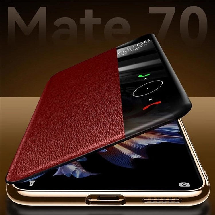For Huawei Mate 70 Pro+ / Mate 70 Pro Case Genuine Cow Leather View Window Smart Phone Cover - Black