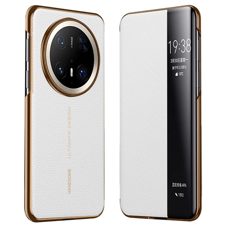 For Huawei Mate 70 Pro+ / Mate 70 Pro Case Genuine Cow Leather View Window Smart Phone Cover - White