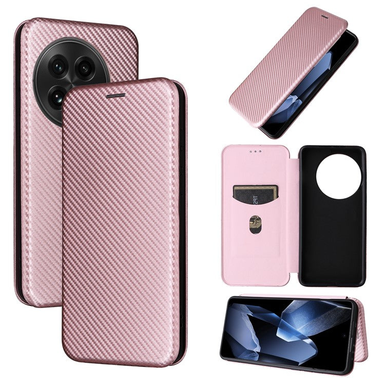 For OnePlus 13 Case Carbon Fiber Texture Drop-Proof PU Leather Phone Cover - Rose Gold