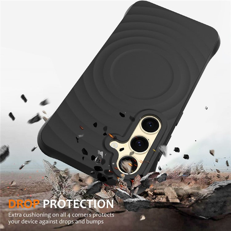 For Samsung Galaxy S25+ Case Compatible with MagSafe Ripple Texture Liquid Silicone Protective Cover with Strap - Black