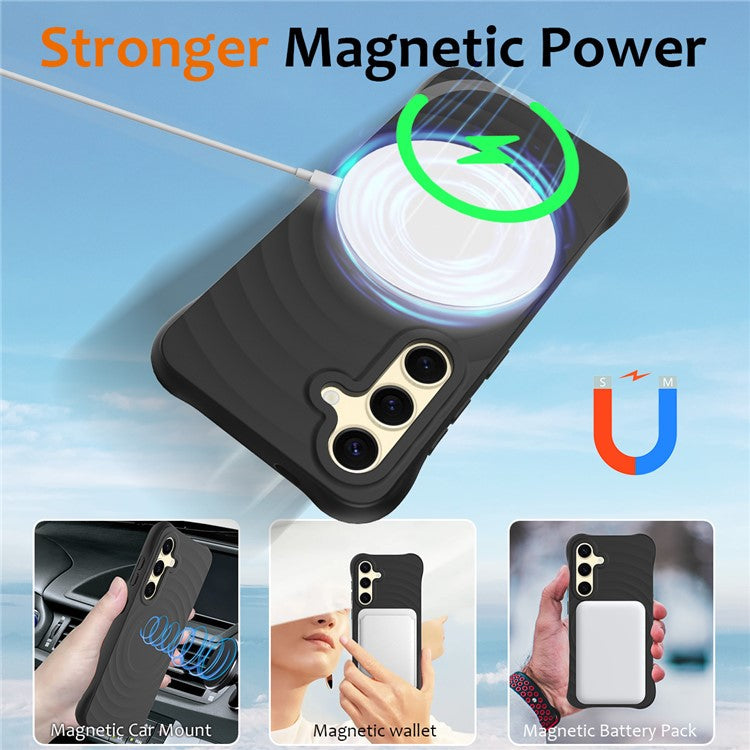 For Samsung Galaxy S25+ Case Compatible with MagSafe Ripple Texture Liquid Silicone Protective Cover with Strap - Black