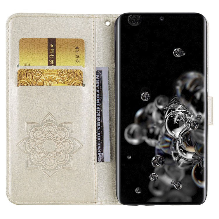 For Samsung Galaxy S25 Ultra Case Owl Flower Imprinted Leather Cover Wallet with Strap - Gold