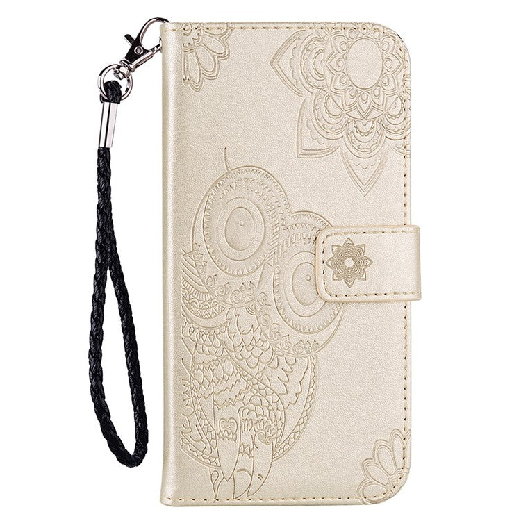 For Samsung Galaxy S25 Ultra Case Owl Flower Imprinted Leather Cover Wallet with Strap - Gold