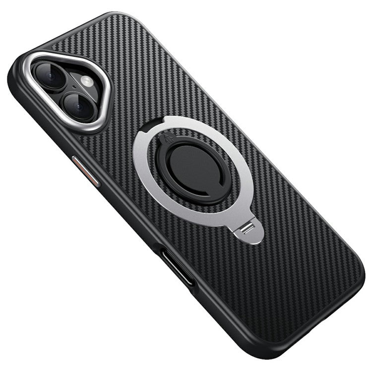 For iPhone 16 Plus Case Compatible with MagSafe Kickstand Carbon Fiber Texture PC + TPU Back Cover with Silicone Ring - Silver