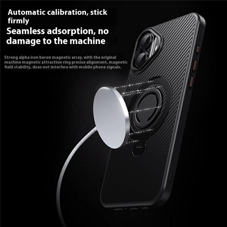 For iPhone 16 Plus Case Compatible with MagSafe Kickstand Carbon Fiber Texture PC + TPU Back Cover with Silicone Ring - Silver