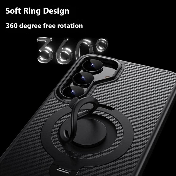 For Samsung Galaxy S25 Case Compatible with MagSafe Kickstand Carbon Fiber Texture PC + TPU Back Cover with Silicone Ring - Blue