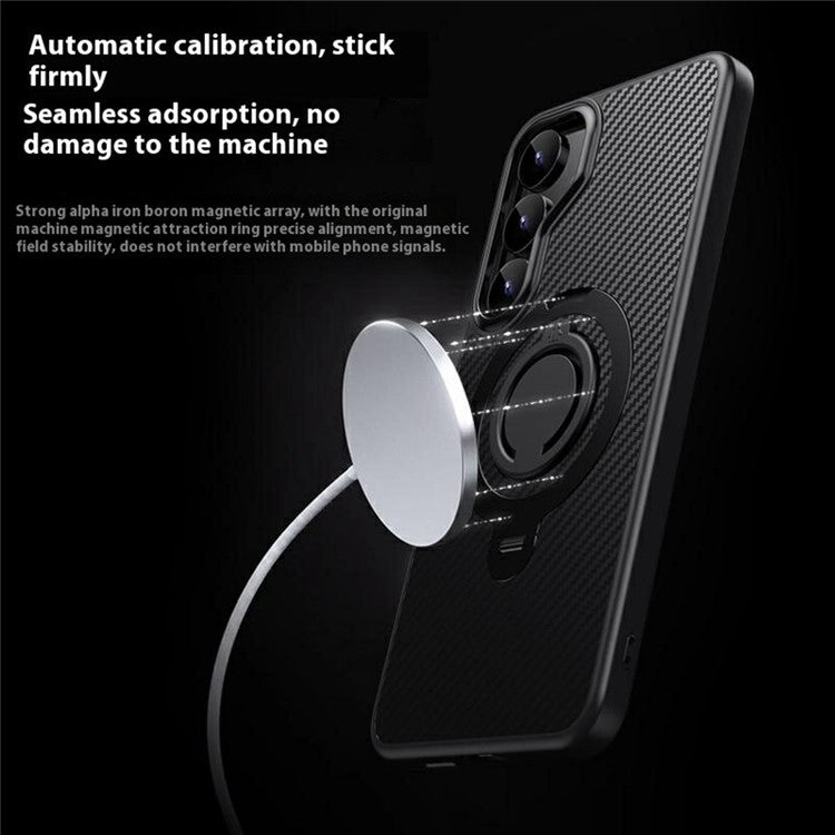 For Samsung Galaxy S25 Case Compatible with MagSafe Kickstand Carbon Fiber Texture PC + TPU Back Cover with Silicone Ring - Blue