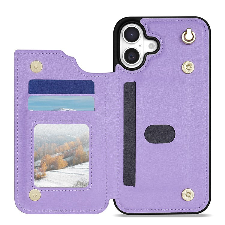 For iPhone 16 Plus Case with Wrist Strap Card Slots Rhombus Leather + TPU Phone Cover - Purple