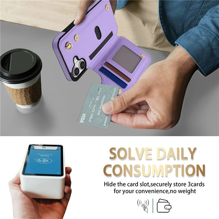 For iPhone 16 Plus Case with Wrist Strap Card Slots Rhombus Leather + TPU Phone Cover - Purple
