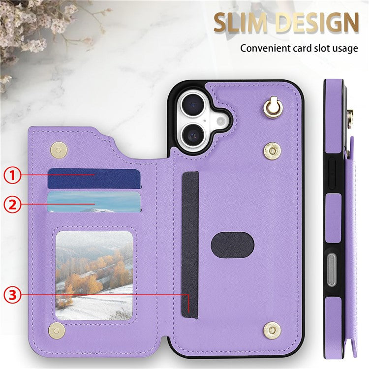 For iPhone 16 Plus Case with Wrist Strap Card Slots Rhombus Leather + TPU Phone Cover - Purple
