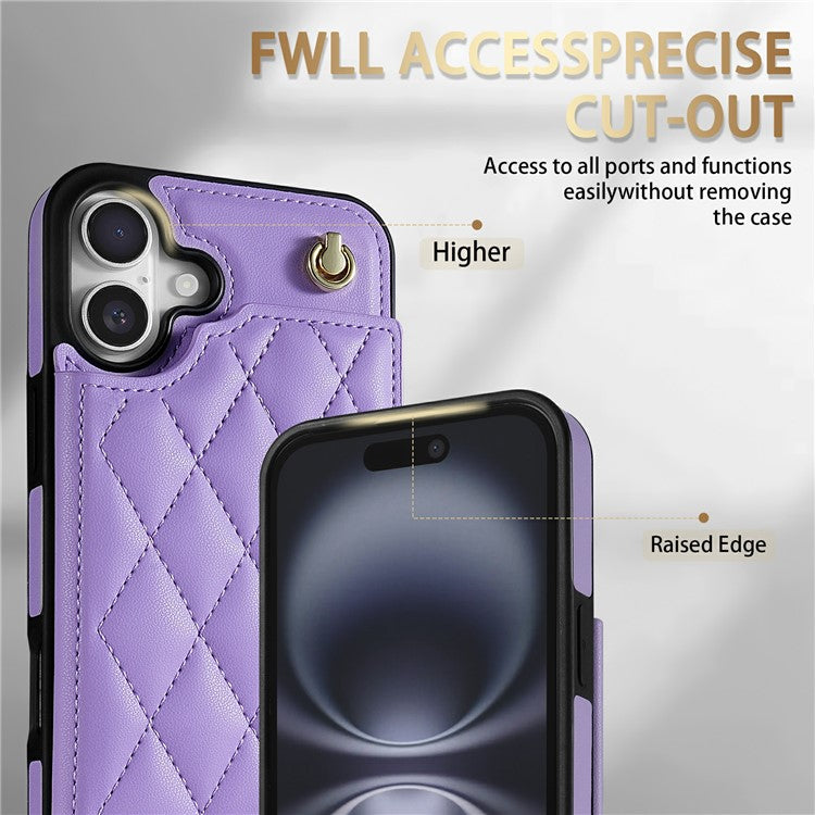 For iPhone 16 Plus Case with Wrist Strap Card Slots Rhombus Leather + TPU Phone Cover - Purple