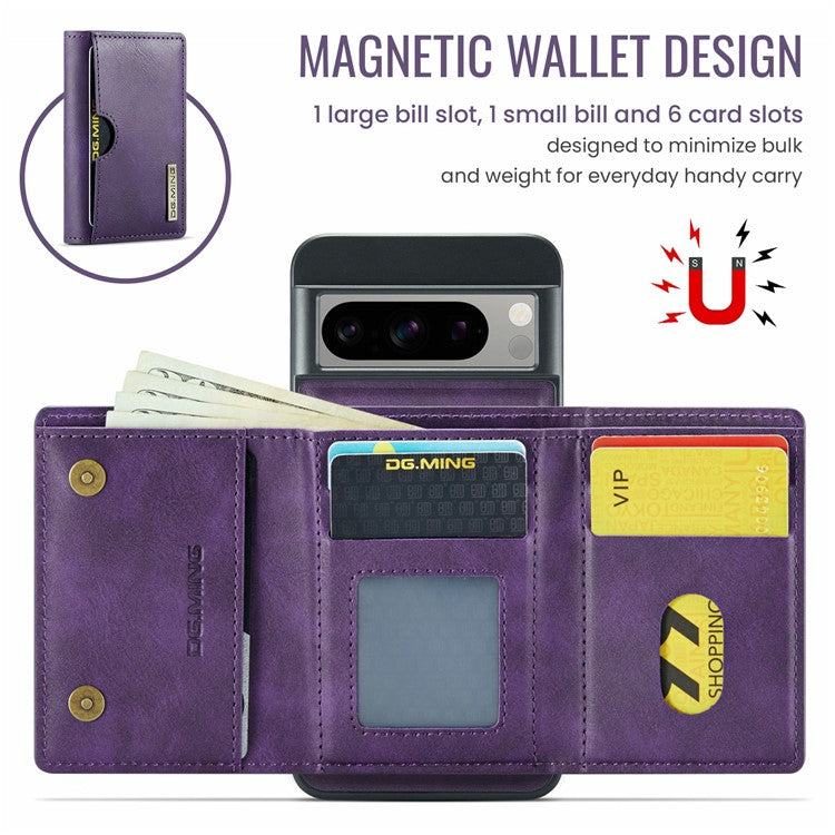 DG.MING M6 Series For Google Pixel 8 Pro Case Magnetic Wallet PU+PC+TPU Phone Cover - Purple