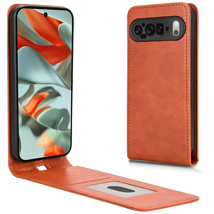For Google Pixel 9 Pro XL Case with Card Slot Magnetic Vertical Flip Leather Phone Cover - Orange