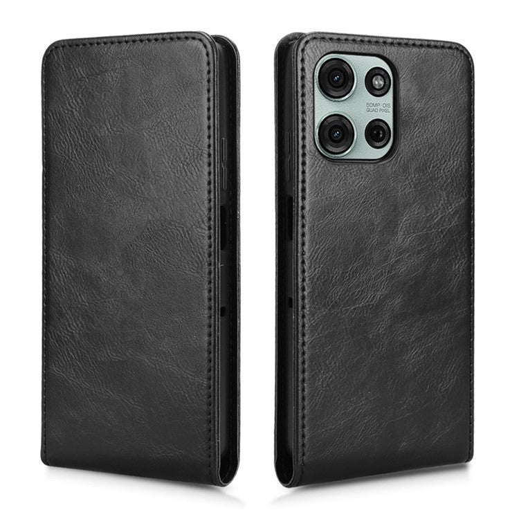 For Motorola Moto G75 5G Case with Card Slot Magnetic Vertical Flip Leather Phone Cover - Black