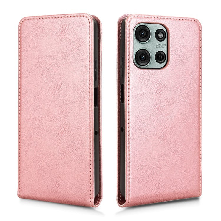 For Motorola Moto G75 5G Case with Card Slot Magnetic Vertical Flip Leather Phone Cover - Rose Gold