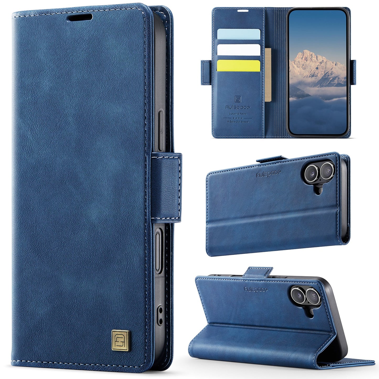 For iPhone 16 Case AUTSPACE A11 RFID Blocking Retro Leather Cell Phone Wallet Cover - Blue