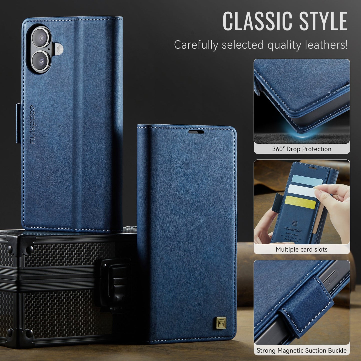 For iPhone 16 Case AUTSPACE A11 RFID Blocking Retro Leather Cell Phone Wallet Cover - Blue