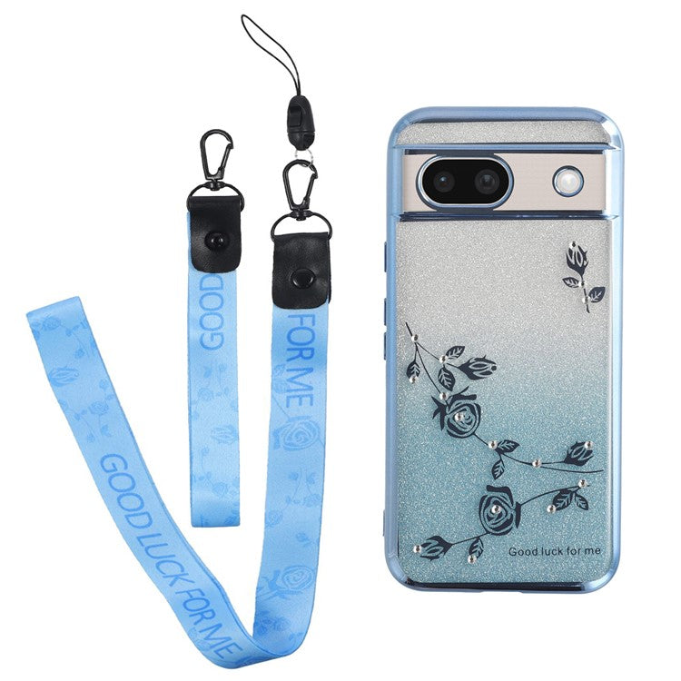 KADEM For Google Pixel 8a Case Flower Pattern TPU Gradient Phone Cover with Lanyards - Blue
