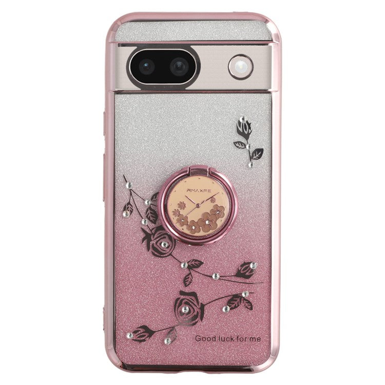 KADEM For Google Pixel 8a Case Ring Kickstand TPU Flowers Phone Cover Gradient Glitter - Rose Gold